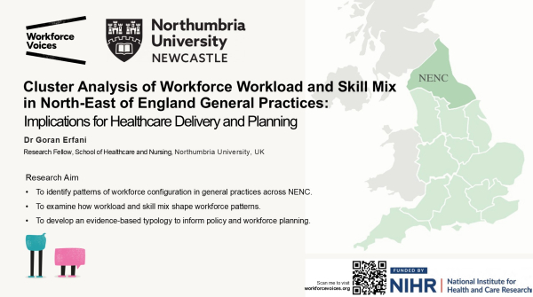 Image of the first slide of Dr Erfani's presentation on Cluster Analysis of Workforce Workload and Skill Mix in North-East of England General Practices.